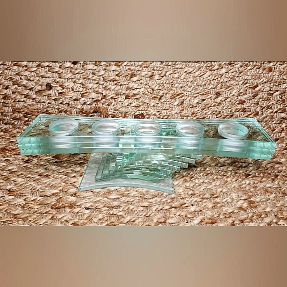 PartyLite Tea Light Candle Holder.Thick Green Glass Stacked Pedestal.Modern.Gift